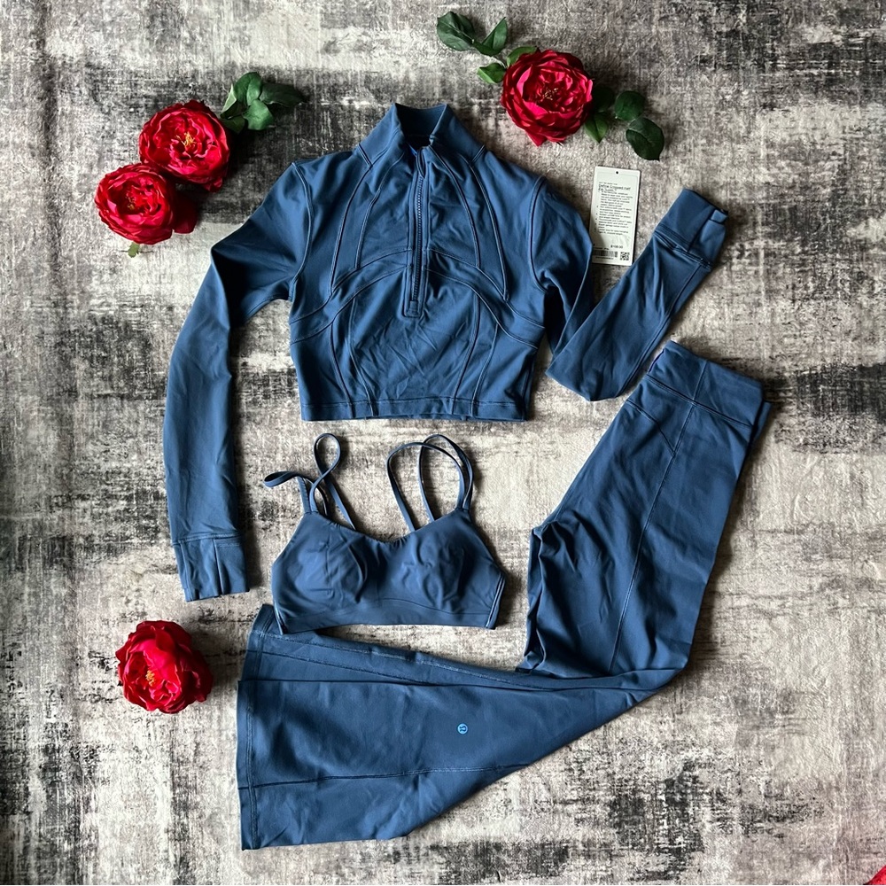 Lululemon set: define crop zip jacket, zip-front flare pants, like a cloud bra